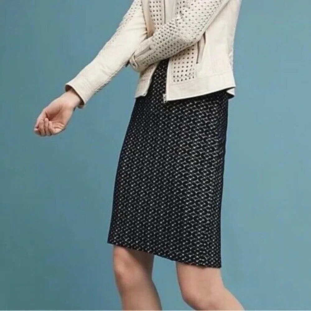 Maeve Anthropologie Navy Blue Grid Textured Pencil Skirt Back Zipper XS